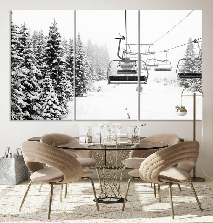 The Ski Wall Art, featuring the "Ski Lift Wall Art Canvas Print," presents a snowy scene with snow-covered spruce trees and is elegantly showcased on a dark green wall.