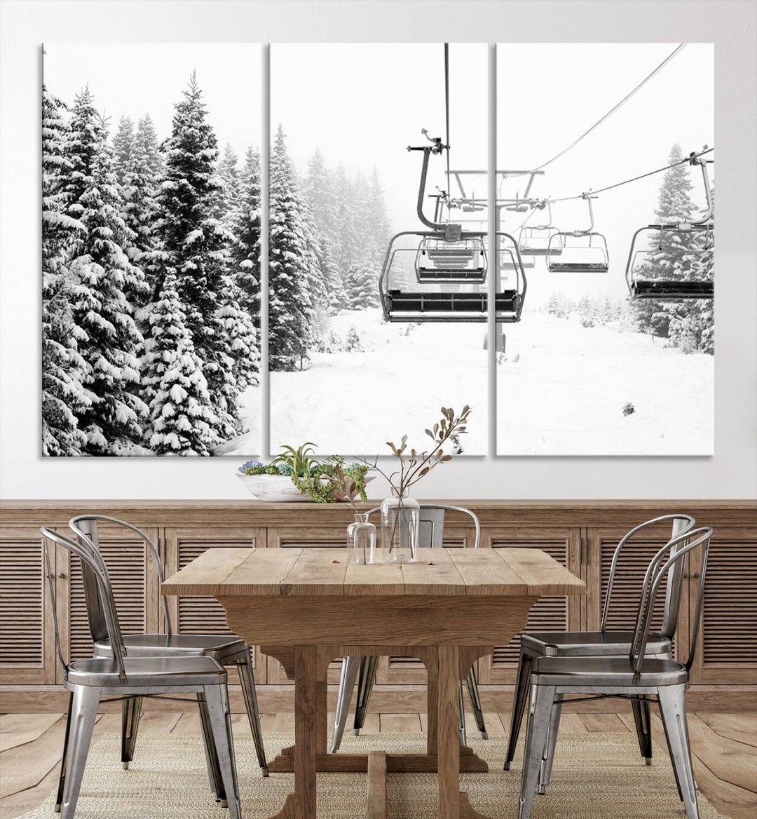 The Ski Wall Art, featuring the "Ski Lift Wall Art Canvas Print," presents a snowy scene with snow-covered spruce trees and is elegantly showcased on a dark green wall.