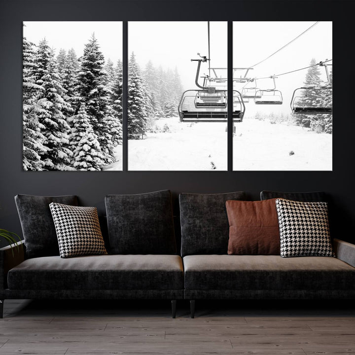 The Ski Wall Art, featuring the "Ski Lift Wall Art Canvas Print," presents a snowy scene with snow-covered spruce trees and is elegantly showcased on a dark green wall.