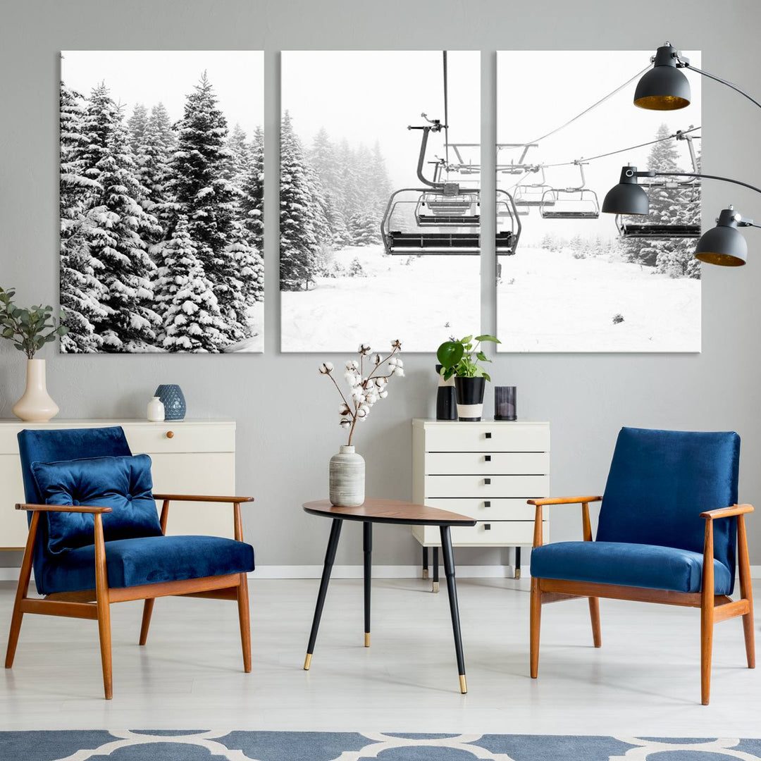 The Ski Wall Art, featuring the "Ski Lift Wall Art Canvas Print," presents a snowy scene with snow-covered spruce trees and is elegantly showcased on a dark green wall.