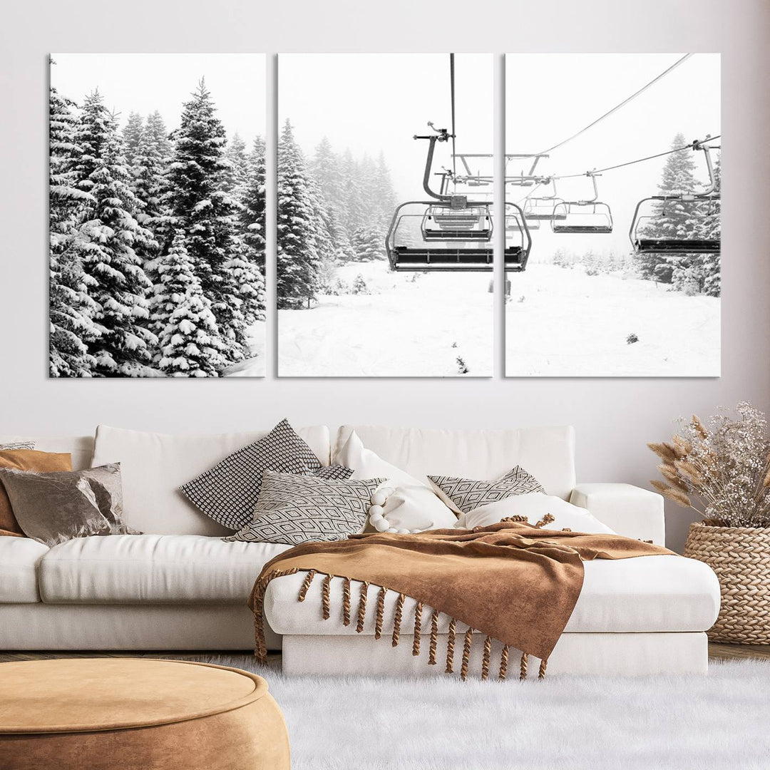 The Ski Wall Art, featuring the "Ski Lift Wall Art Canvas Print," presents a snowy scene with snow-covered spruce trees and is elegantly showcased on a dark green wall.