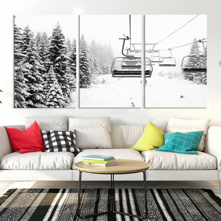 The Ski Wall Art, featuring the "Ski Lift Wall Art Canvas Print," presents a snowy scene with snow-covered spruce trees and is elegantly showcased on a dark green wall.