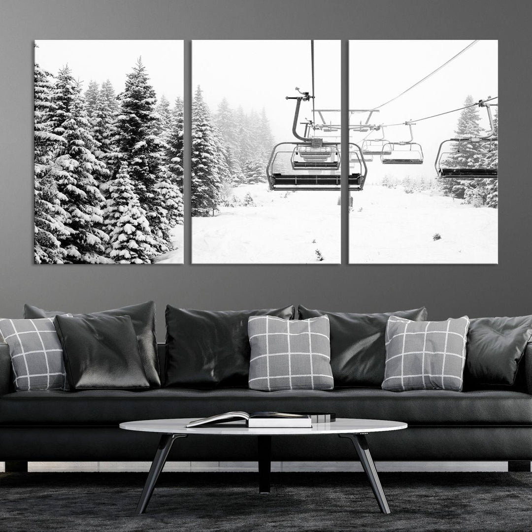 The Ski Wall Art, featuring the "Ski Lift Wall Art Canvas Print," presents a snowy scene with snow-covered spruce trees and is elegantly showcased on a dark green wall.