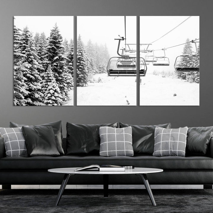 The Ski Wall Art, featuring the "Ski Lift Wall Art Canvas Print," presents a snowy scene with snow-covered spruce trees and is elegantly showcased on a dark green wall.