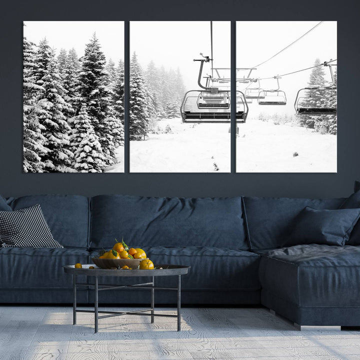 The Ski Wall Art, featuring the "Ski Lift Wall Art Canvas Print," presents a snowy scene with snow-covered spruce trees and is elegantly showcased on a dark green wall.