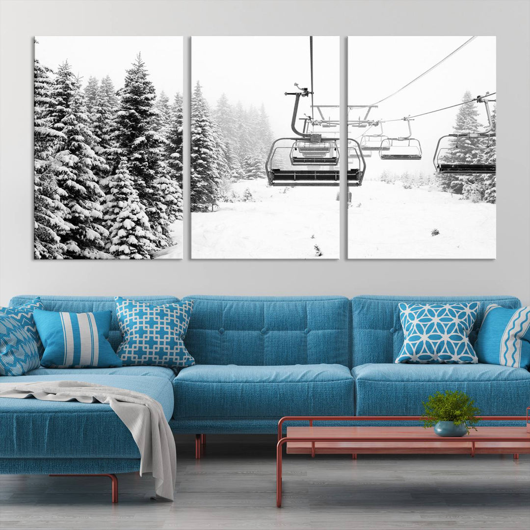 The Ski Wall Art, featuring the "Ski Lift Wall Art Canvas Print," presents a snowy scene with snow-covered spruce trees and is elegantly showcased on a dark green wall.