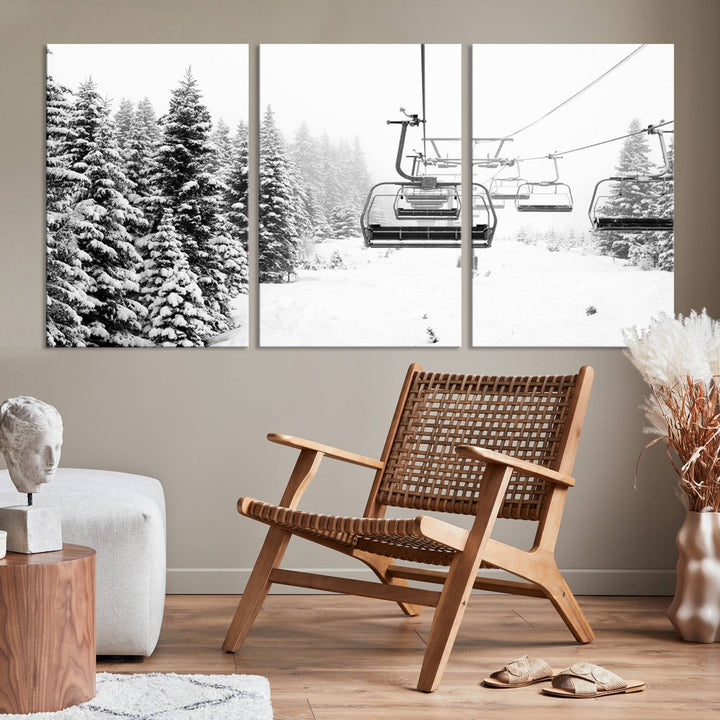 The Ski Wall Art, featuring the "Ski Lift Wall Art Canvas Print," presents a snowy scene with snow-covered spruce trees and is elegantly showcased on a dark green wall.