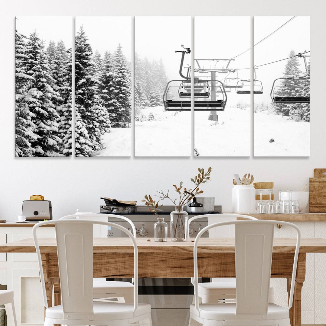 The Ski Wall Art, featuring the "Ski Lift Wall Art Canvas Print," presents a snowy scene with snow-covered spruce trees and is elegantly showcased on a dark green wall.