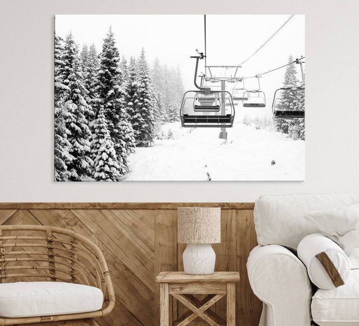 The Ski Wall Art, featuring the "Ski Lift Wall Art Canvas Print," presents a snowy scene with snow-covered spruce trees and is elegantly showcased on a dark green wall.