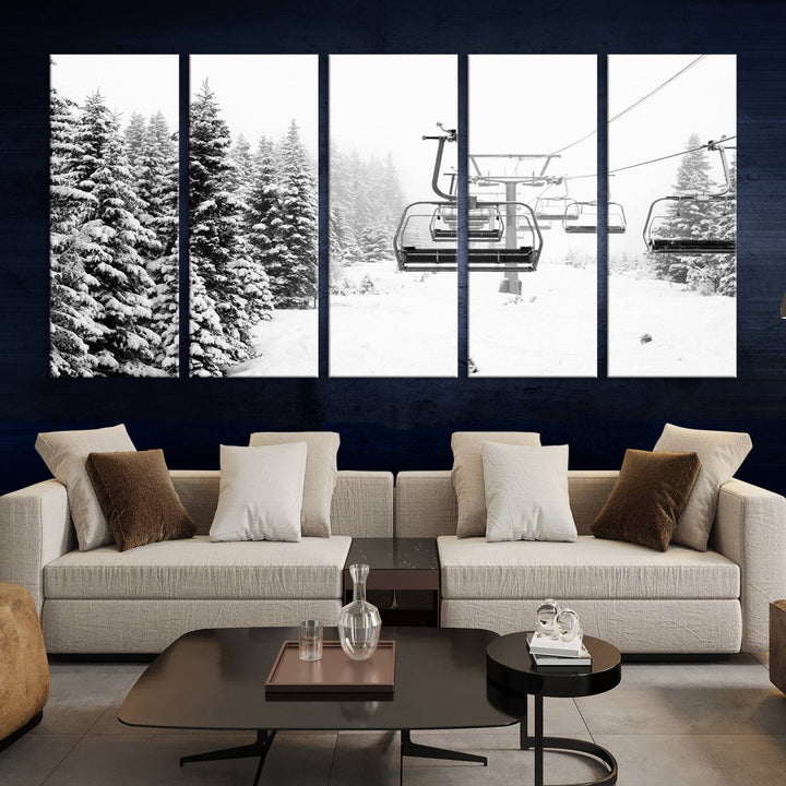 The Ski Wall Art, featuring the "Ski Lift Wall Art Canvas Print," presents a snowy scene with snow-covered spruce trees and is elegantly showcased on a dark green wall.