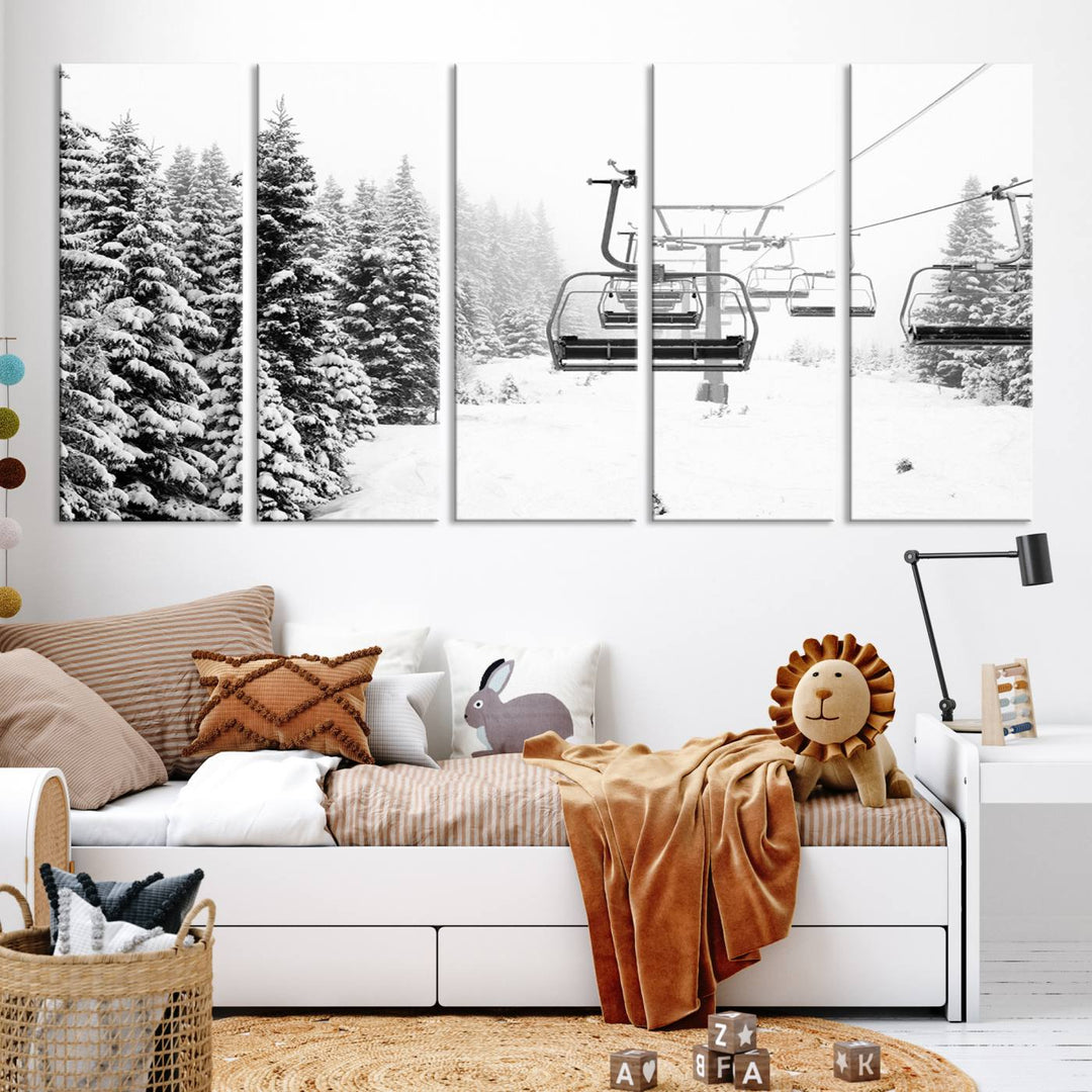 The Ski Wall Art, featuring the "Ski Lift Wall Art Canvas Print," presents a snowy scene with snow-covered spruce trees and is elegantly showcased on a dark green wall.