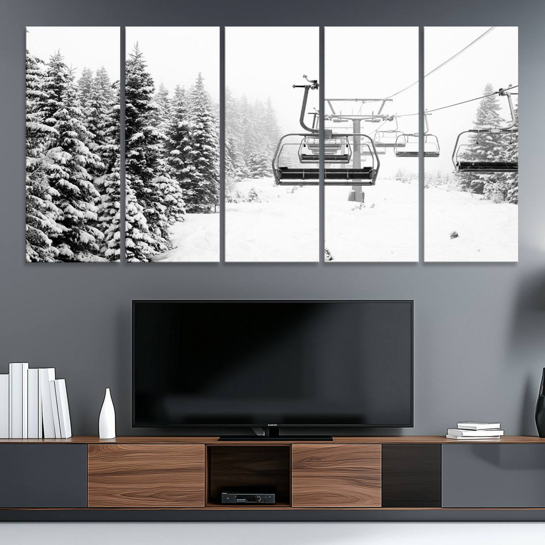 The Ski Wall Art, featuring the "Ski Lift Wall Art Canvas Print," presents a snowy scene with snow-covered spruce trees and is elegantly showcased on a dark green wall.