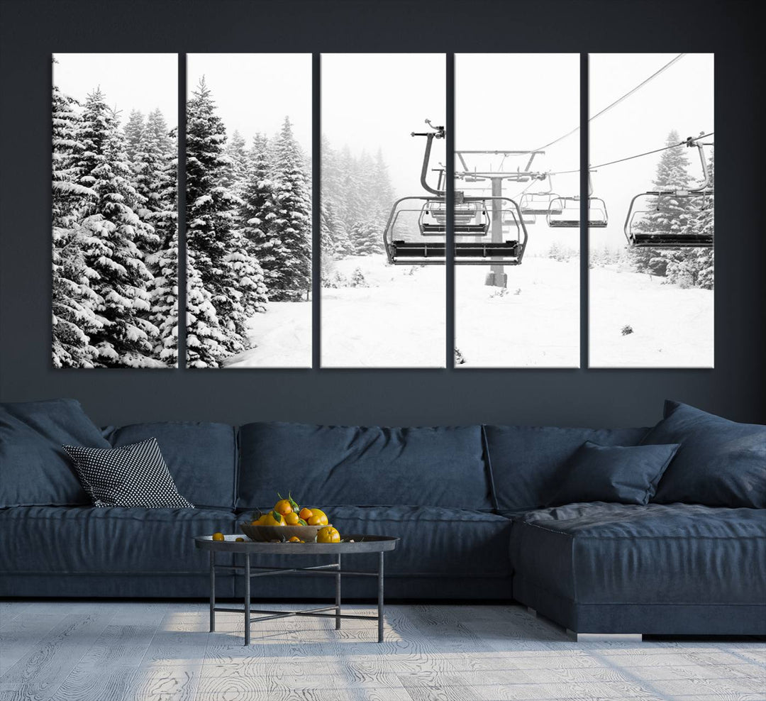 The Ski Wall Art, featuring the "Ski Lift Wall Art Canvas Print," presents a snowy scene with snow-covered spruce trees and is elegantly showcased on a dark green wall.