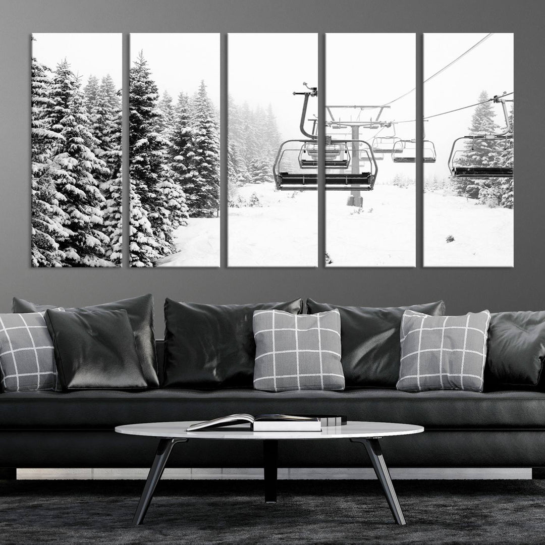 The Ski Wall Art, featuring the "Ski Lift Wall Art Canvas Print," presents a snowy scene with snow-covered spruce trees and is elegantly showcased on a dark green wall.