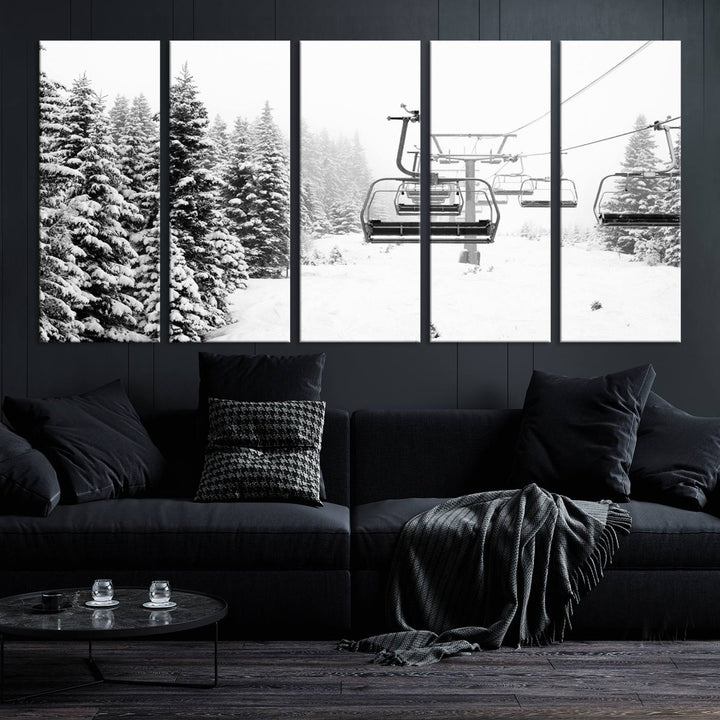 The Ski Wall Art, featuring the "Ski Lift Wall Art Canvas Print," presents a snowy scene with snow-covered spruce trees and is elegantly showcased on a dark green wall.