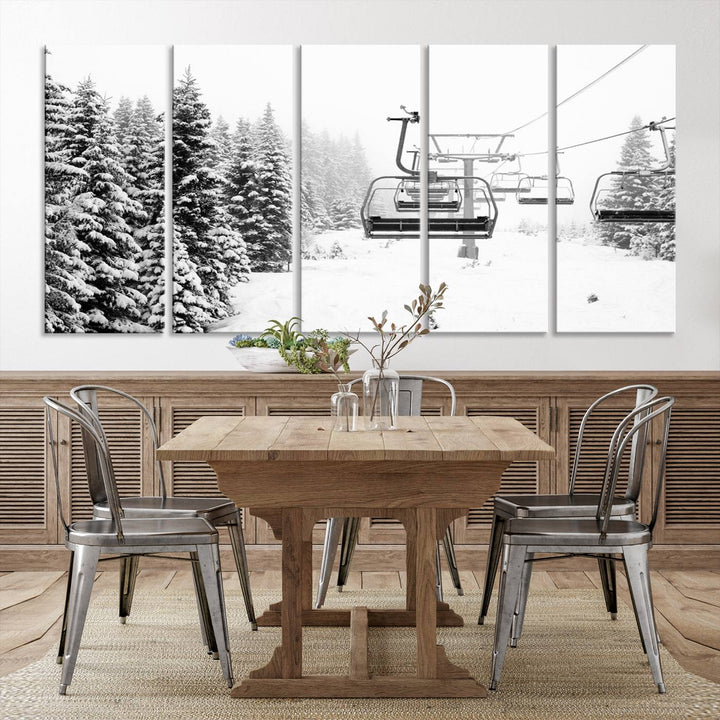 The Ski Wall Art, featuring the "Ski Lift Wall Art Canvas Print," presents a snowy scene with snow-covered spruce trees and is elegantly showcased on a dark green wall.