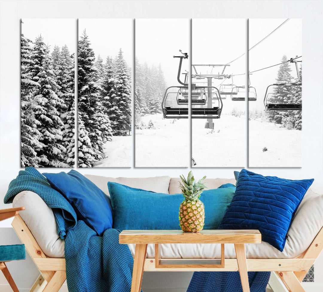 The Ski Wall Art, featuring the "Ski Lift Wall Art Canvas Print," presents a snowy scene with snow-covered spruce trees and is elegantly showcased on a dark green wall.