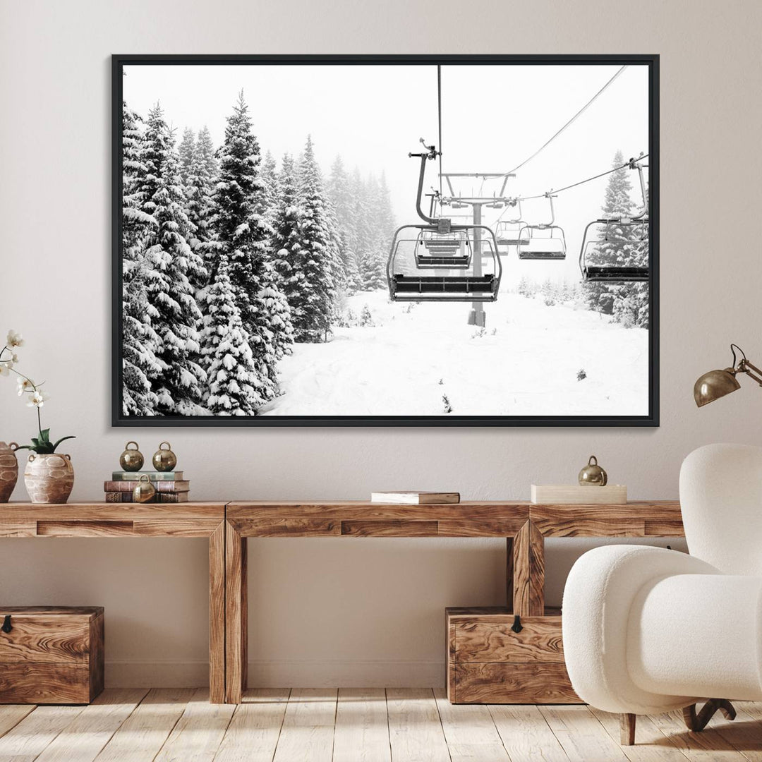 The Ski Wall Art, featuring the "Ski Lift Wall Art Canvas Print," presents a snowy scene with snow-covered spruce trees and is elegantly showcased on a dark green wall.