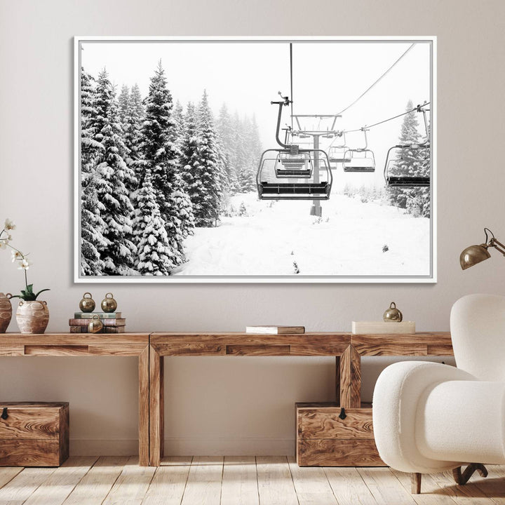 The Ski Wall Art, featuring the "Ski Lift Wall Art Canvas Print," presents a snowy scene with snow-covered spruce trees and is elegantly showcased on a dark green wall.