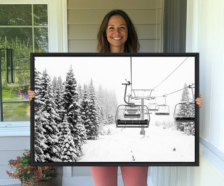 The Ski Wall Art, featuring the "Ski Lift Wall Art Canvas Print," presents a snowy scene with snow-covered spruce trees and is elegantly showcased on a dark green wall.