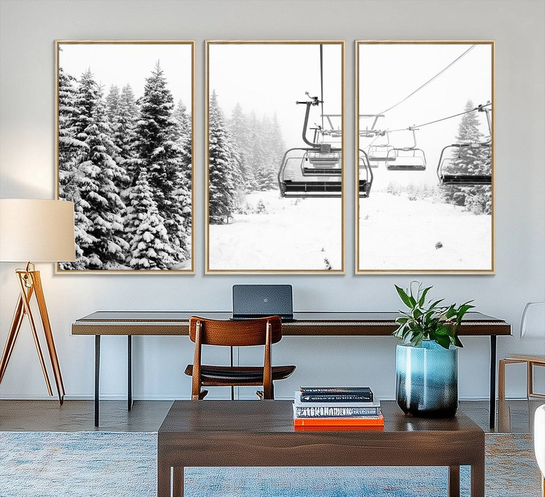 The Ski Wall Art, featuring the "Ski Lift Wall Art Canvas Print," presents a snowy scene with snow-covered spruce trees and is elegantly showcased on a dark green wall.