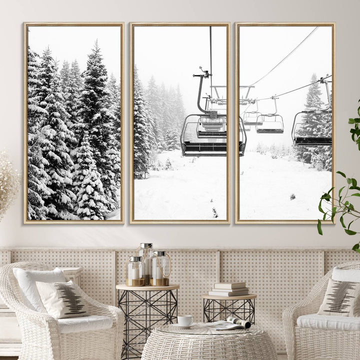 The Ski Wall Art, featuring the "Ski Lift Wall Art Canvas Print," presents a snowy scene with snow-covered spruce trees and is elegantly showcased on a dark green wall.