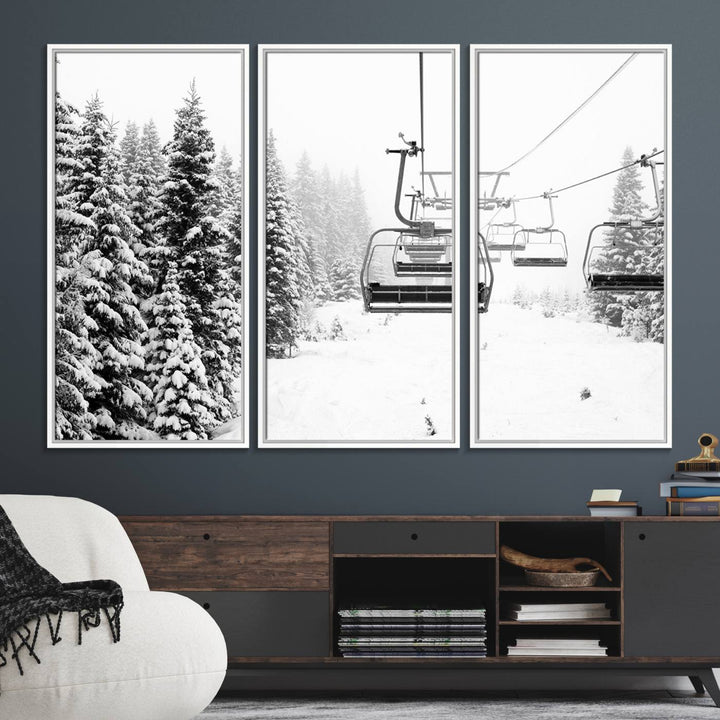 The Ski Wall Art, featuring the "Ski Lift Wall Art Canvas Print," presents a snowy scene with snow-covered spruce trees and is elegantly showcased on a dark green wall.