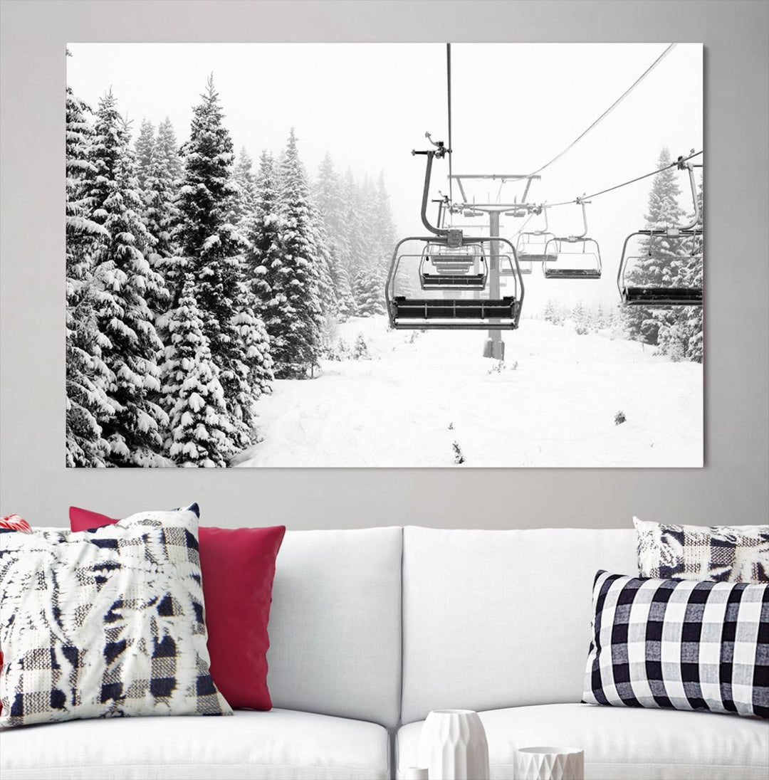 The Ski Wall Art, featuring the "Ski Lift Wall Art Canvas Print," presents a snowy scene with snow-covered spruce trees and is elegantly showcased on a dark green wall.