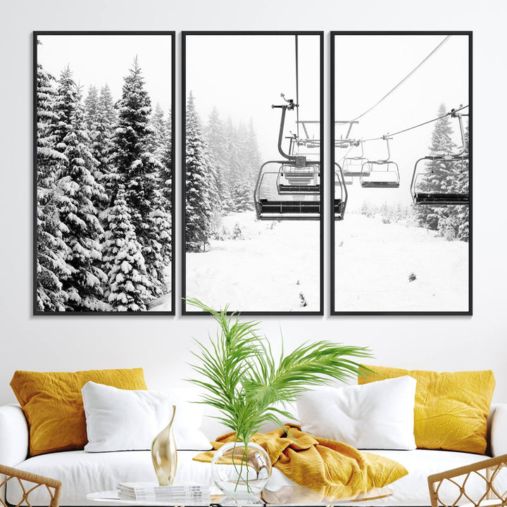 The Ski Wall Art, featuring the "Ski Lift Wall Art Canvas Print," presents a snowy scene with snow-covered spruce trees and is elegantly showcased on a dark green wall.