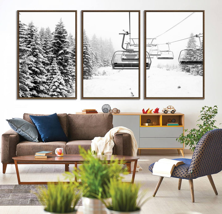 The Ski Wall Art, featuring the "Ski Lift Wall Art Canvas Print," presents a snowy scene with snow-covered spruce trees and is elegantly showcased on a dark green wall.