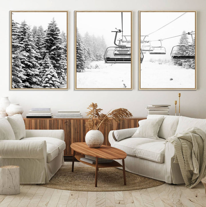 The Ski Wall Art, featuring the "Ski Lift Wall Art Canvas Print," presents a snowy scene with snow-covered spruce trees and is elegantly showcased on a dark green wall.