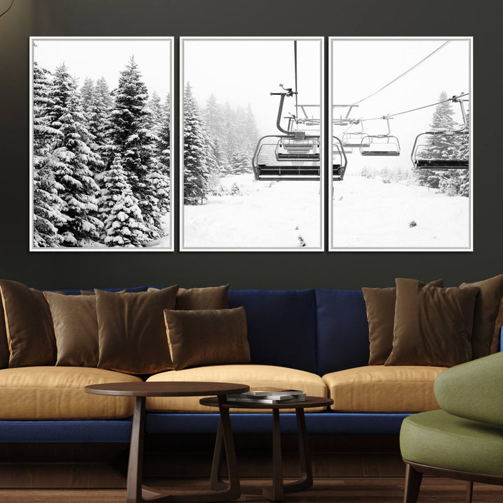 The Ski Wall Art, featuring the "Ski Lift Wall Art Canvas Print," presents a snowy scene with snow-covered spruce trees and is elegantly showcased on a dark green wall.