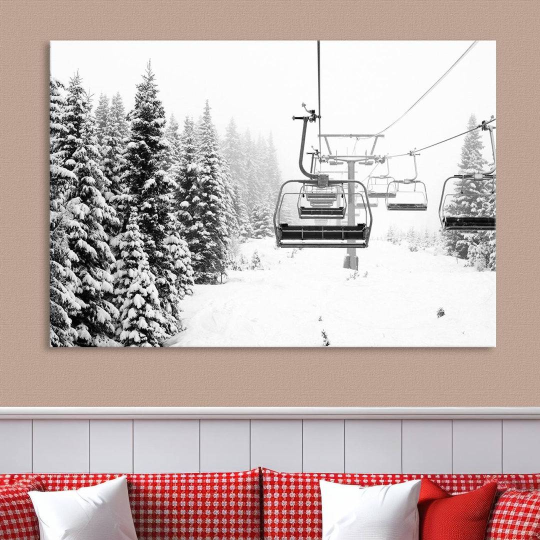 The Ski Wall Art, featuring the "Ski Lift Wall Art Canvas Print," presents a snowy scene with snow-covered spruce trees and is elegantly showcased on a dark green wall.