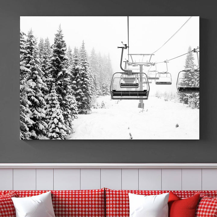 The Ski Wall Art, featuring the "Ski Lift Wall Art Canvas Print," presents a snowy scene with snow-covered spruce trees and is elegantly showcased on a dark green wall.