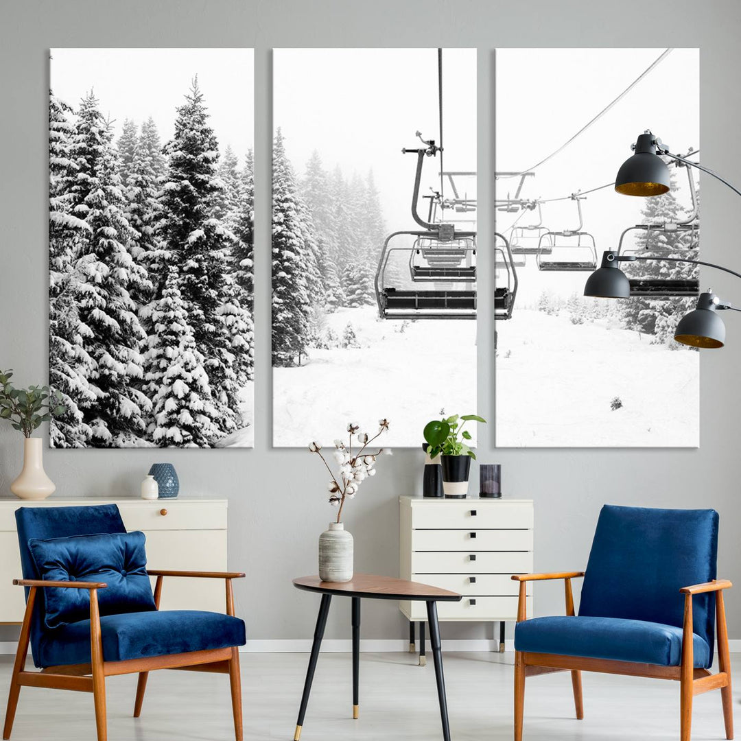 The Ski Wall Art, featuring the "Ski Lift Wall Art Canvas Print," presents a snowy scene with snow-covered spruce trees and is elegantly showcased on a dark green wall.