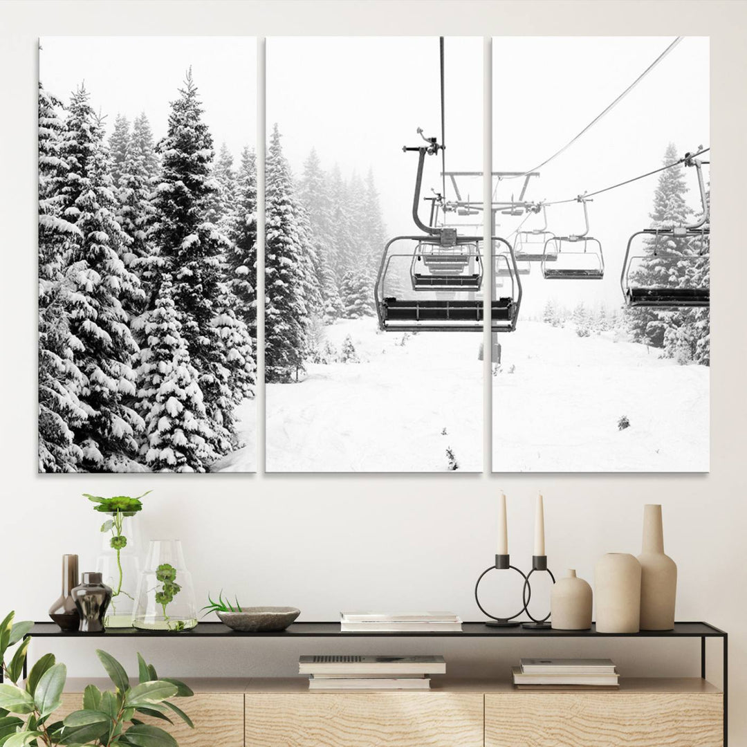 The Ski Wall Art, featuring the "Ski Lift Wall Art Canvas Print," presents a snowy scene with snow-covered spruce trees and is elegantly showcased on a dark green wall.