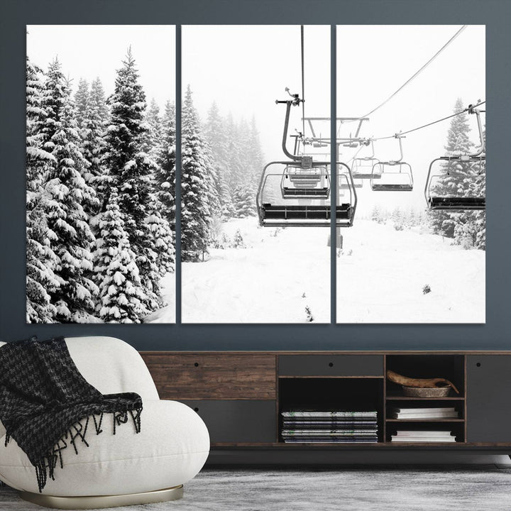 The Ski Wall Art, featuring the "Ski Lift Wall Art Canvas Print," presents a snowy scene with snow-covered spruce trees and is elegantly showcased on a dark green wall.