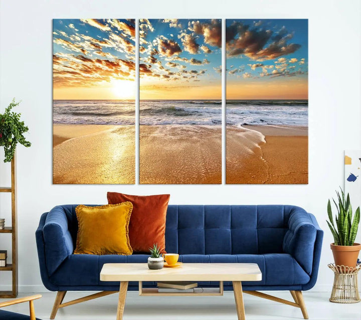 The "Soothing Sunset on Calm Beach" artwork comes on museum-quality canvas featuring a gallery-wrapped finish and UV-protective coating.