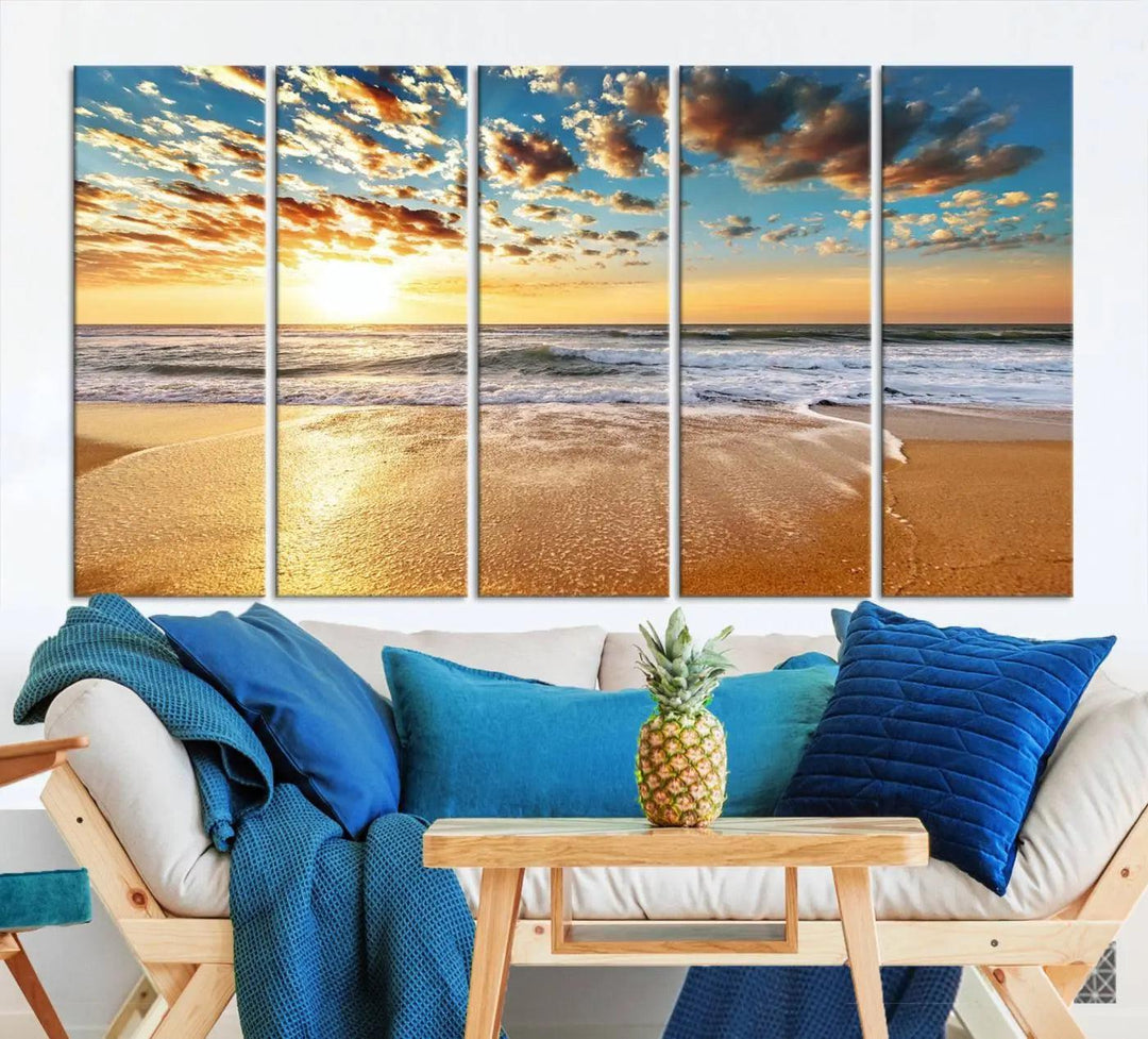 The "Soothing Sunset on Calm Beach" artwork comes on museum-quality canvas featuring a gallery-wrapped finish and UV-protective coating.