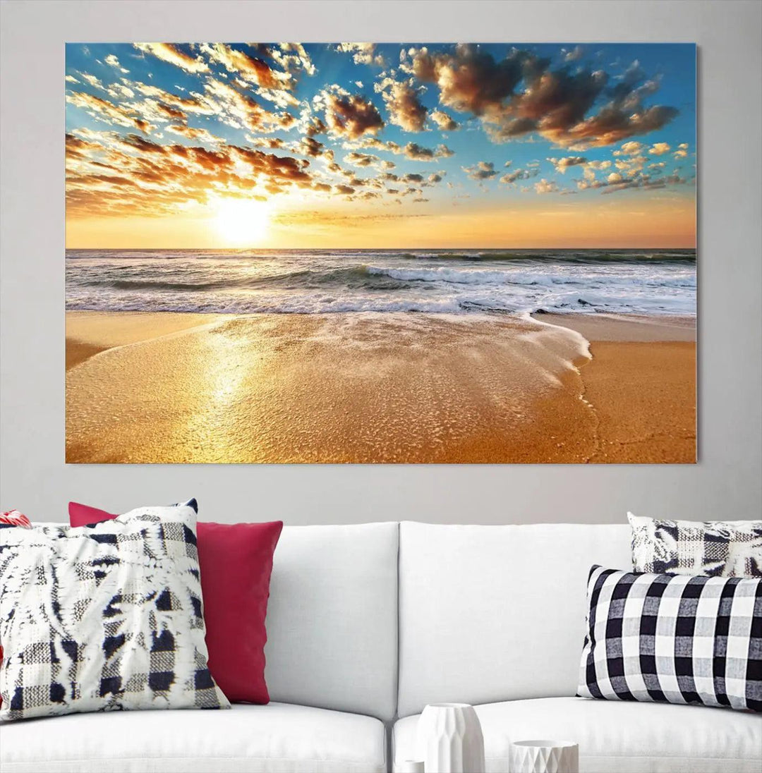 The "Soothing Sunset on Calm Beach" artwork comes on museum-quality canvas featuring a gallery-wrapped finish and UV-protective coating.