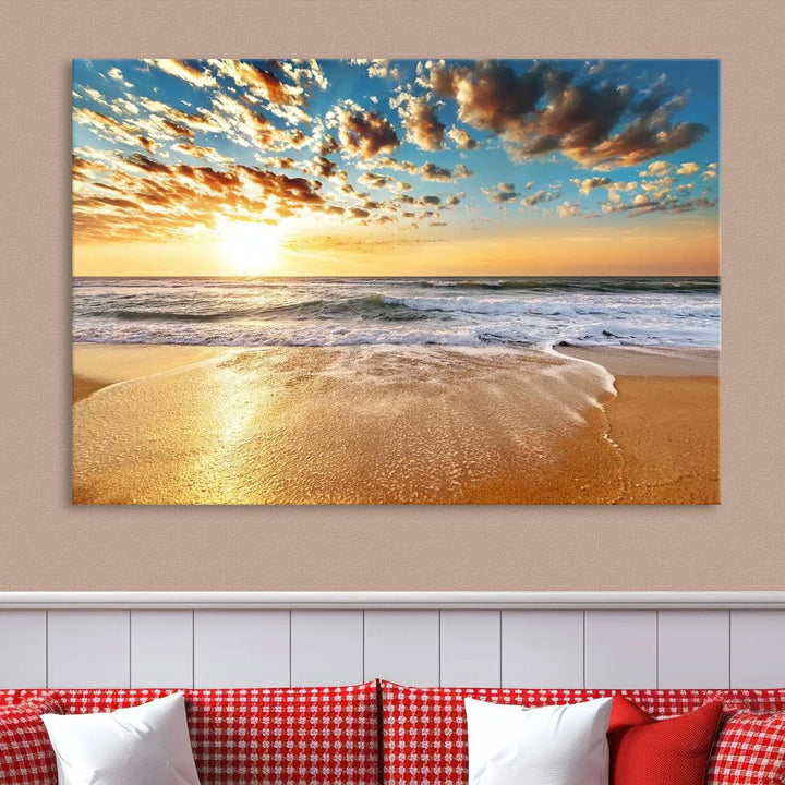 The "Soothing Sunset on Calm Beach" artwork comes on museum-quality canvas featuring a gallery-wrapped finish and UV-protective coating.