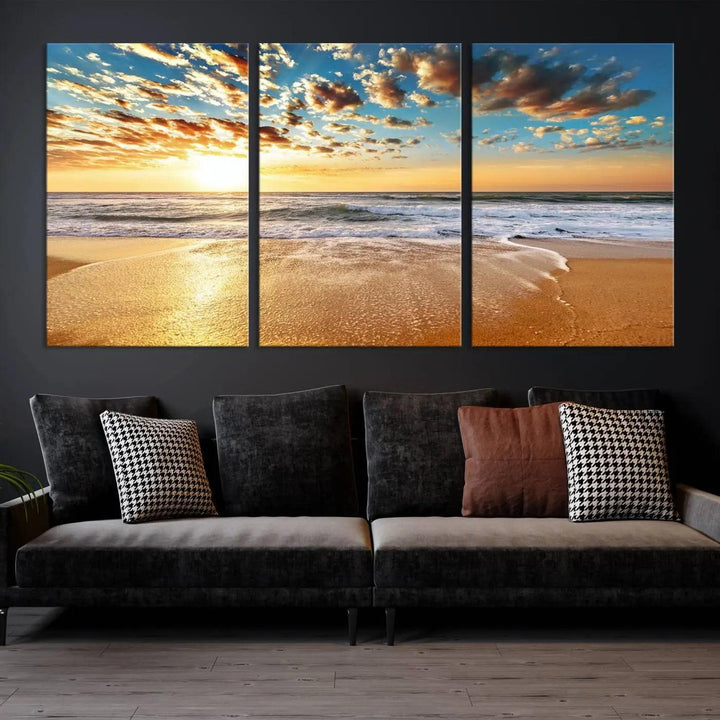 The "Soothing Sunset on Calm Beach" artwork comes on museum-quality canvas featuring a gallery-wrapped finish and UV-protective coating.