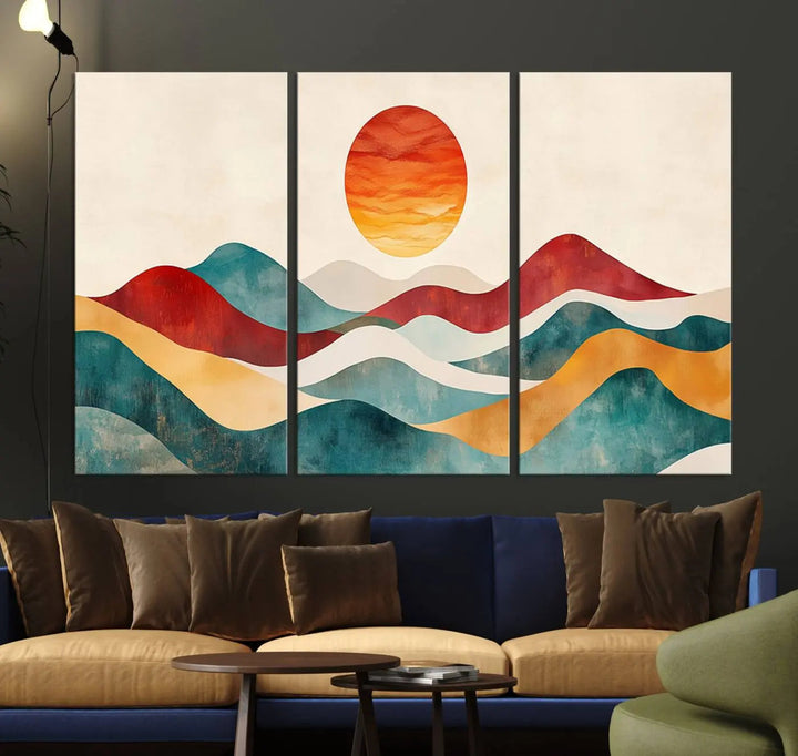 The Southwest Mountain Canvas Triptych hangs prominently.