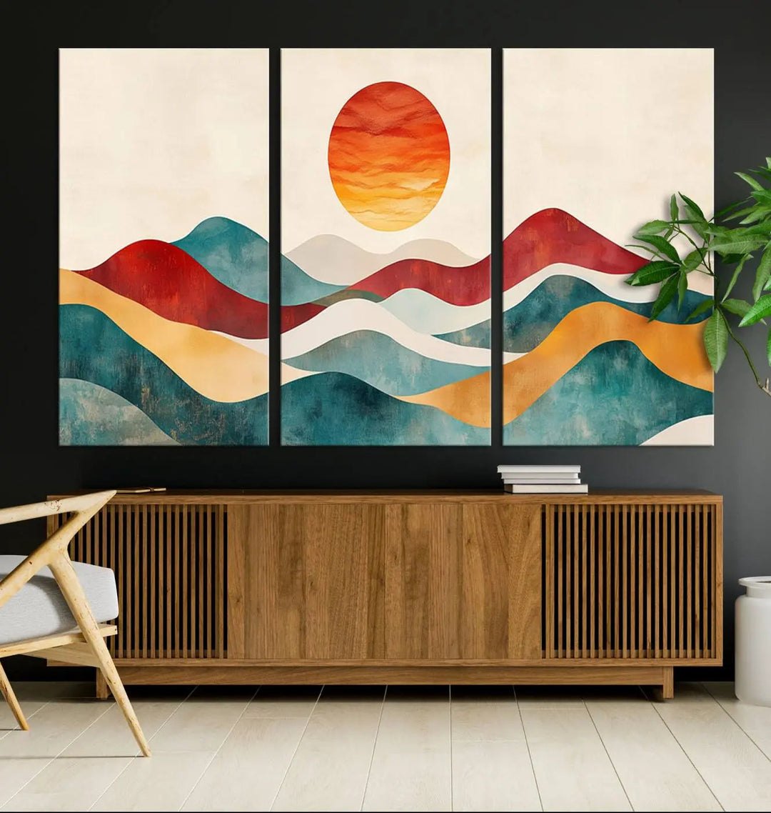 The Southwest Mountain Canvas Triptych hangs prominently.