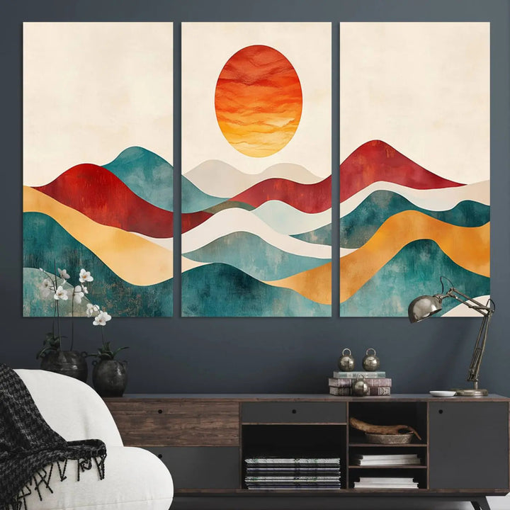 The Southwest Mountain Canvas Triptych hangs prominently.