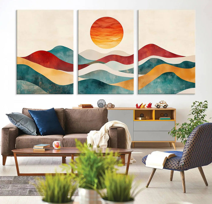 The Southwest Mountain Canvas Triptych hangs prominently.