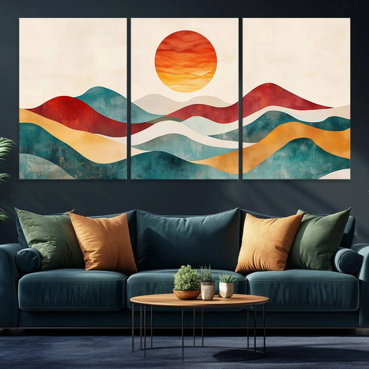 The Southwest Mountain Canvas Triptych hangs prominently.