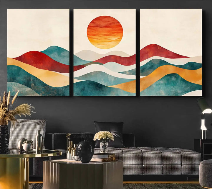 The Southwest Mountain Canvas Triptych hangs prominently.