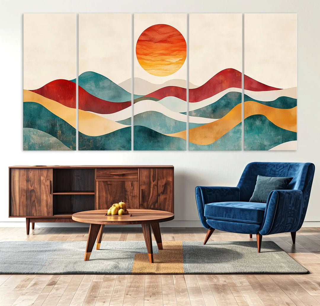 The Southwest Mountain Canvas Triptych hangs prominently.