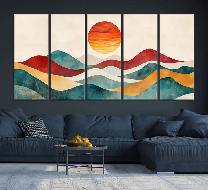 The Southwest Mountain Canvas Triptych hangs prominently.